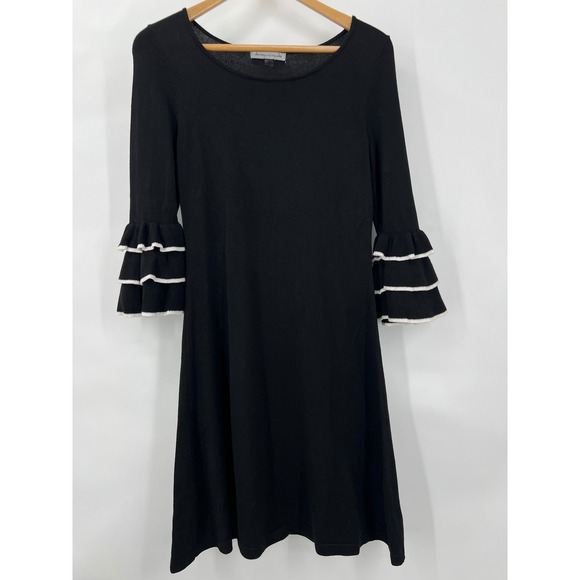Danny and Nicole Dresses & Skirts - Danny and Nicole Black Knit Tiered Ruffle Bell Sleeve Dress White Trim Small‎